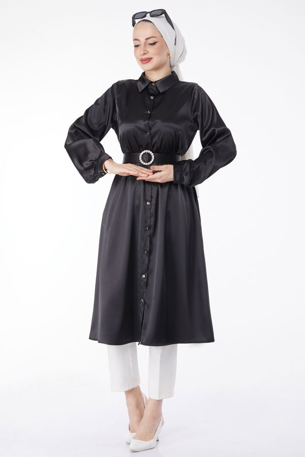 Parlak Kemerli Elbise Siyah - 24960