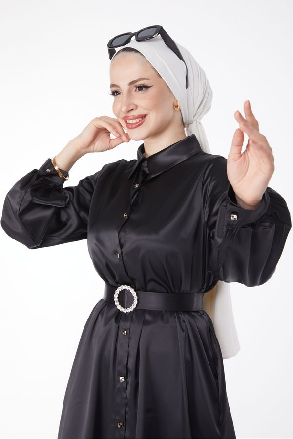 Parlak Kemerli Elbise Siyah - 24960