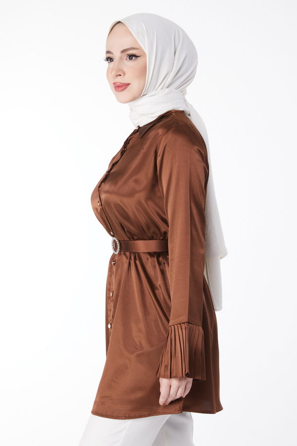Kemerli Fırfırlı Tunik Kahverengi - 24964 KAHVERENGİ