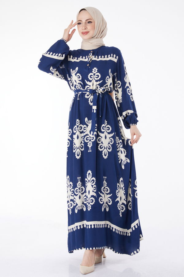 Desenli Renkli Elbise Lacivert - 24989 LACİVERT