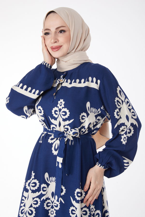Desenli Renkli Elbise Lacivert - 24989 LACİVERT