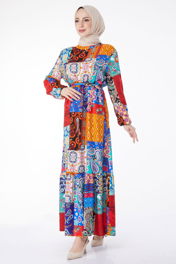 Desenli Renkli Elbise Sarı - 24994