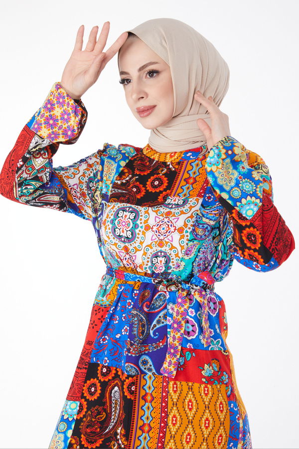 Desenli Renkli Elbise Sarı - 24994