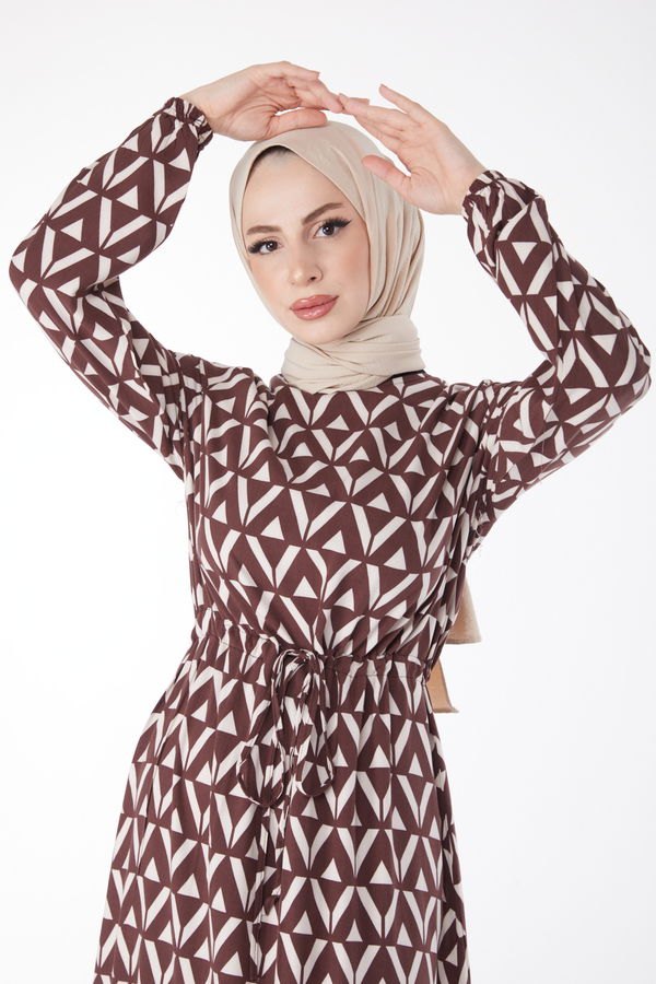 Beli Bağcıklı Desenli Spor Elbise Kahverengi - 25019 KAHVERENGİ