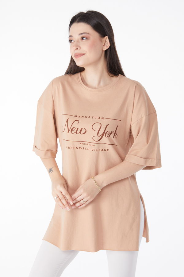 Kısa Kollu Baskılı T-shirt Bej - 25136 BEJ
