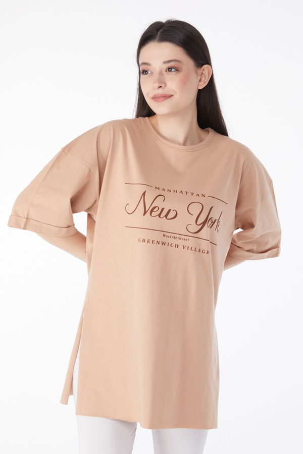 Kısa Kollu Baskılı T-shirt Bej - 25136 BEJ