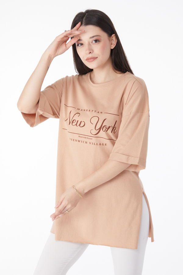 Kısa Kollu Baskılı T-shirt Bej - 25136 BEJ