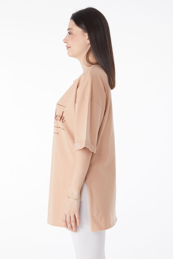 Kısa Kollu Baskılı T-shirt Bej - 25136 BEJ