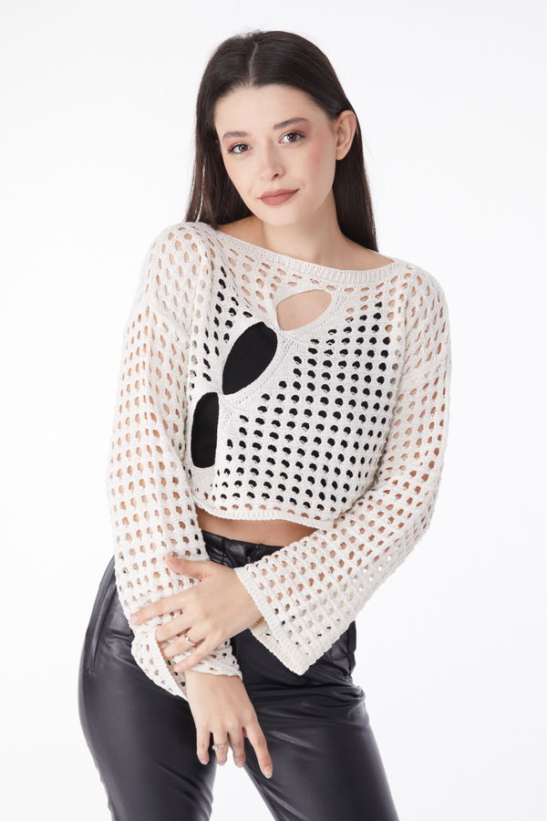Delikli Triko Crop Bej - 25146