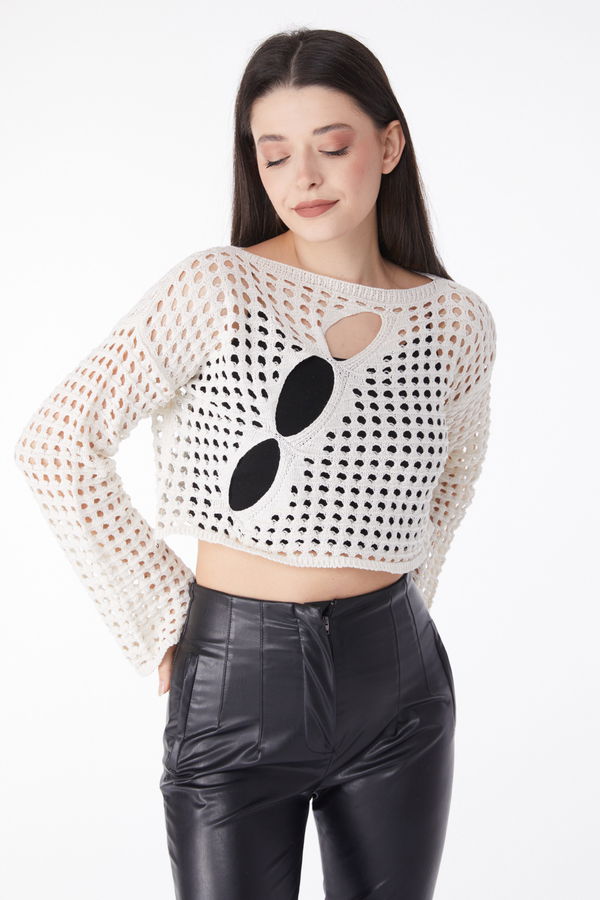 Delikli Triko Crop Bej - 25146