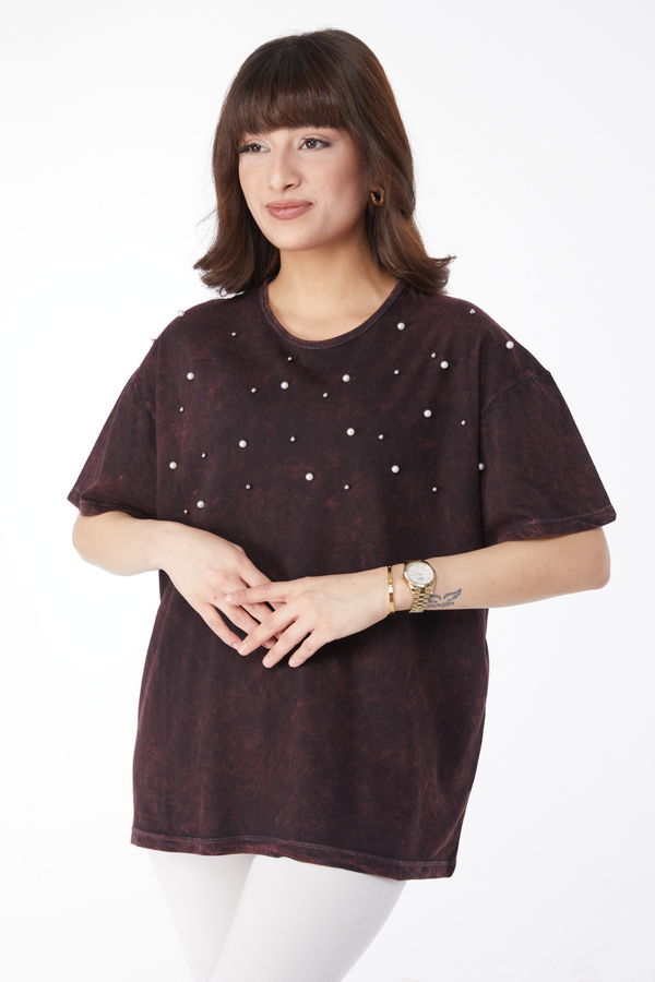 İnci Detaylı T-shirt Bordo - 25166