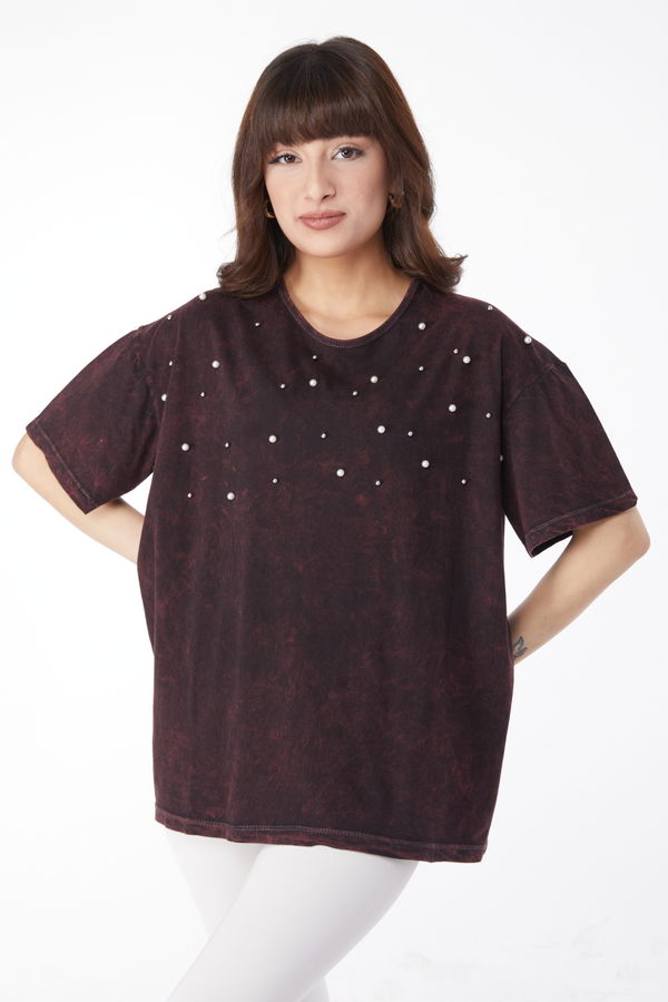 İnci Detaylı T-shirt Bordo - 25166