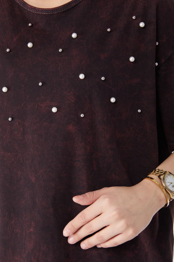 İnci Detaylı T-shirt Bordo - 25166
