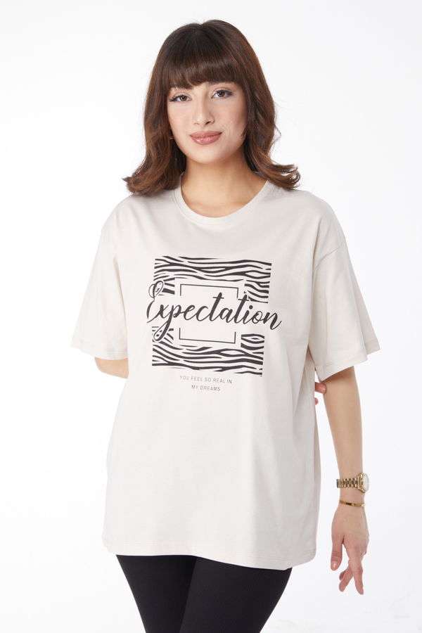 Baskılı T-shirt Bej - 25168 BEJ