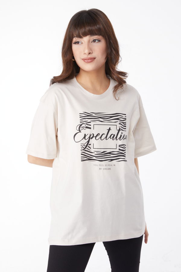 Baskılı T-shirt Bej - 25168 BEJ