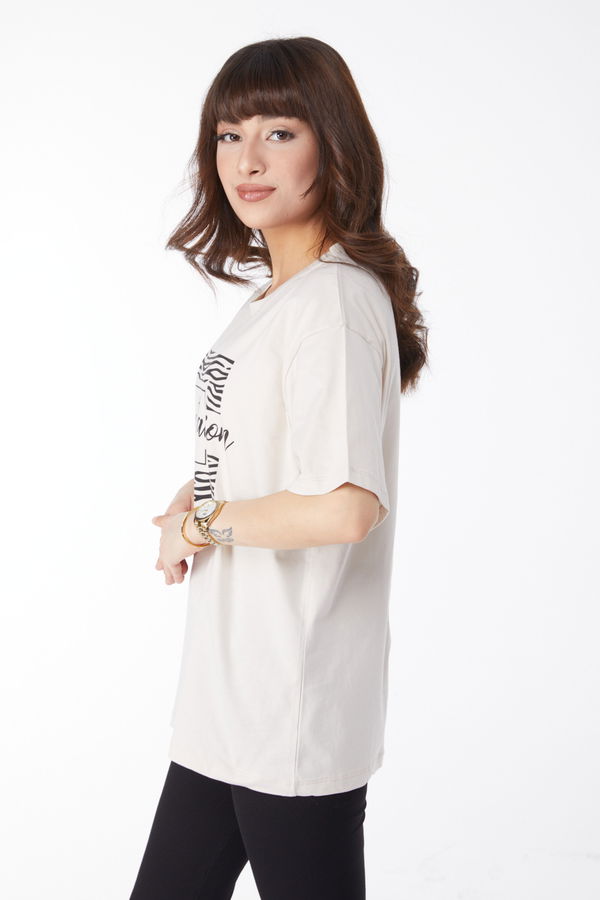 Baskılı T-shirt Bej - 25168 BEJ