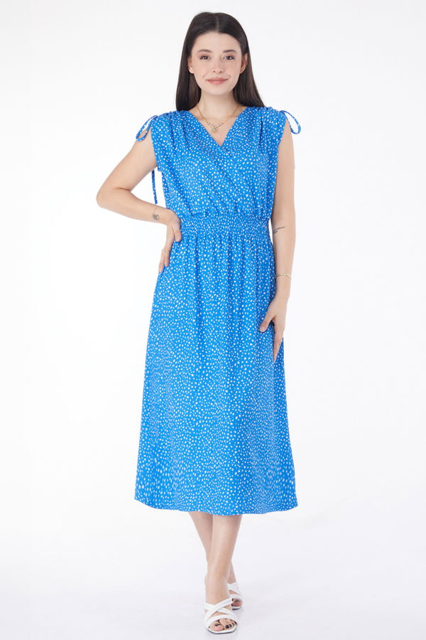 Beli Lastikli Midi Elbise Mavi - 25214 MAVİ