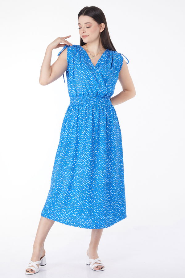 Beli Lastikli Midi Elbise Mavi - 25214 MAVİ