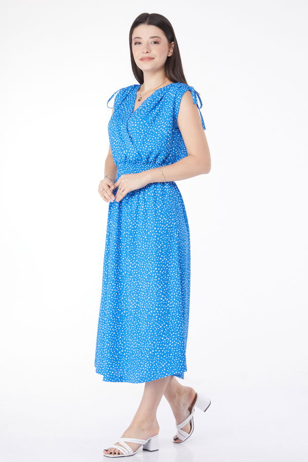 Beli Lastikli Midi Elbise Mavi - 25214 MAVİ
