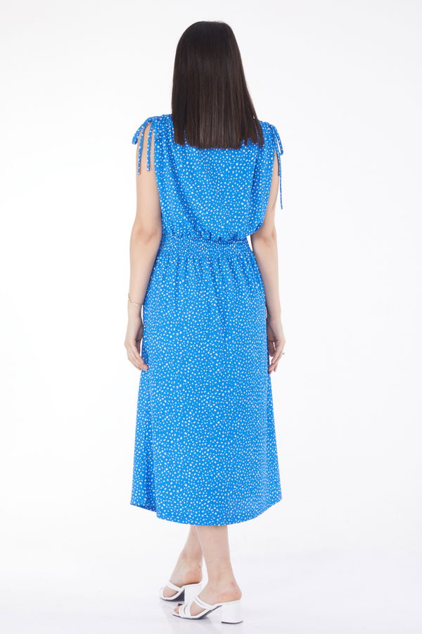 Beli Lastikli Midi Elbise Mavi - 25214 MAVİ