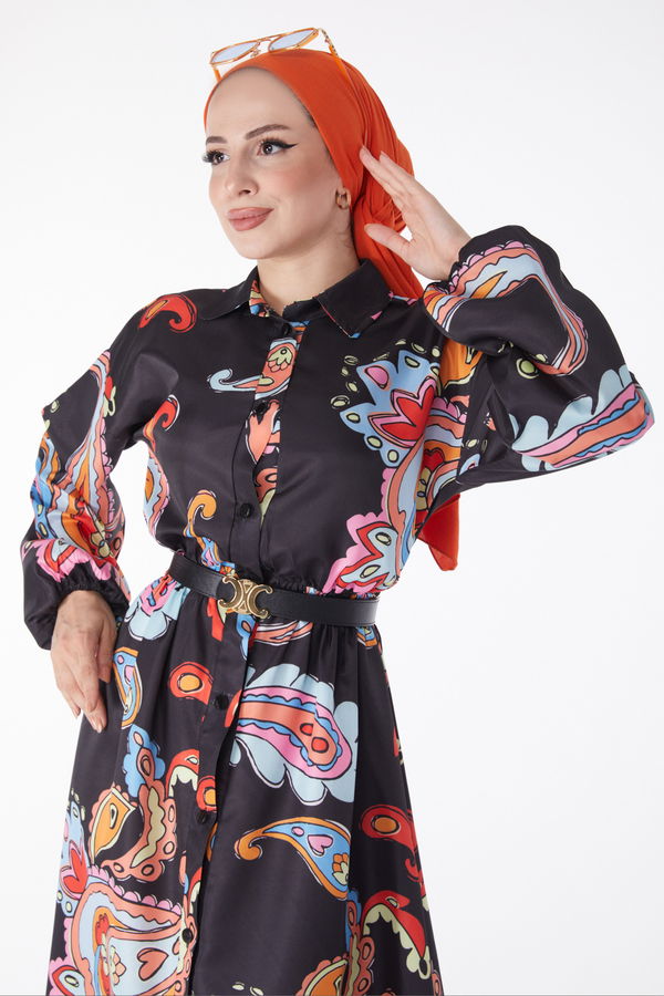 Beli Lastikli Desenli Elbise Siyah - 25229