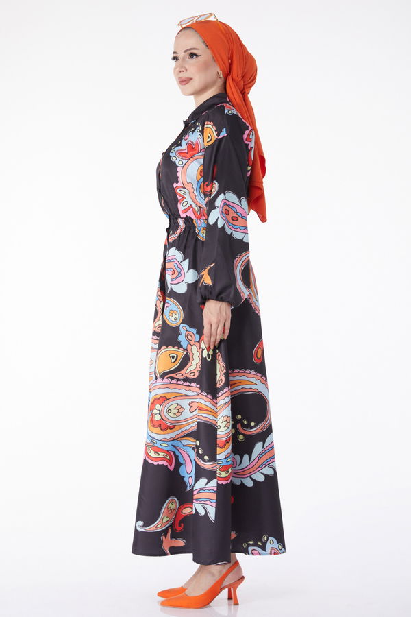 Beli Lastikli Desenli Elbise Siyah - 25229