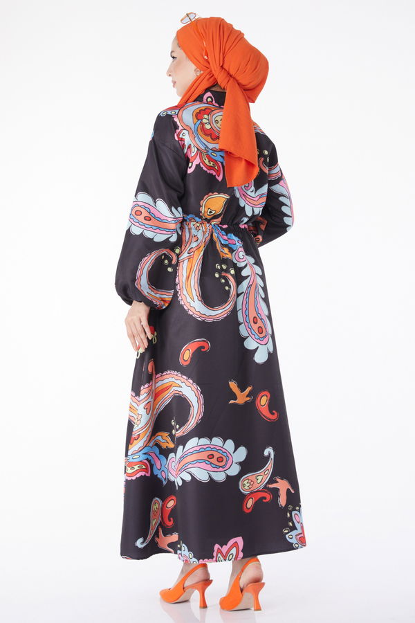 Beli Lastikli Desenli Elbise Siyah - 25229