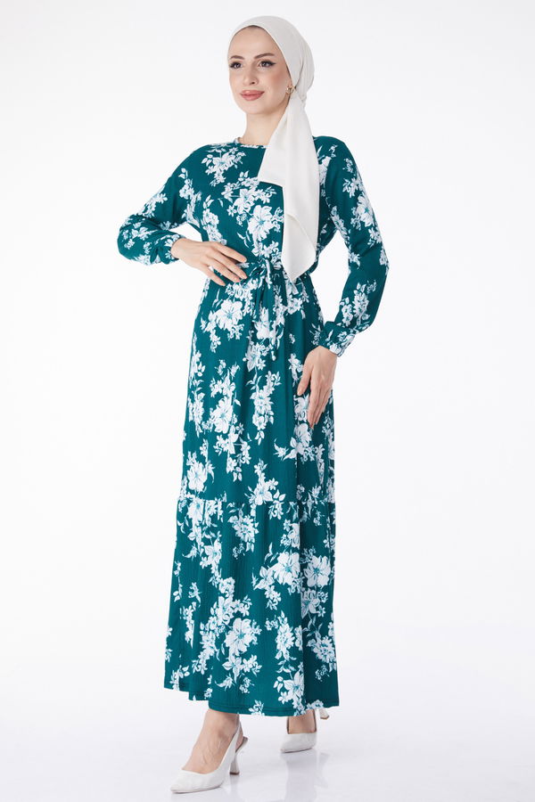 Çicek Desenli Elbise Yeşil - 25231 YEŞİL