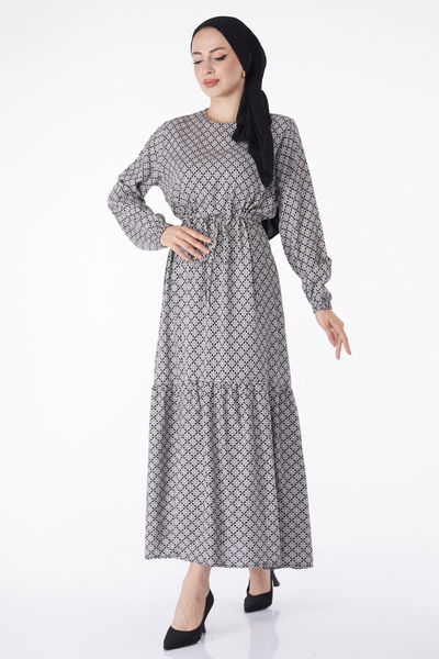 Belden Bağcıklı Desenli Elbise Beyaz - 25235