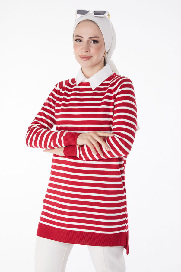 Çizgili Triko Tunik Kırmızı - 25238 Kırmızı