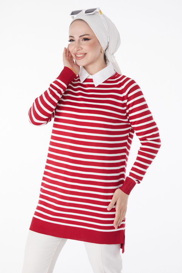 Çizgili Triko Tunik Kırmızı - 25238 Kırmızı