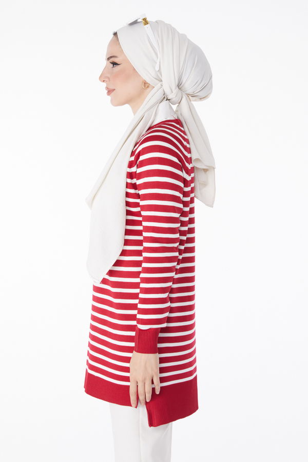 Çizgili Triko Tunik Kırmızı - 25238 Kırmızı