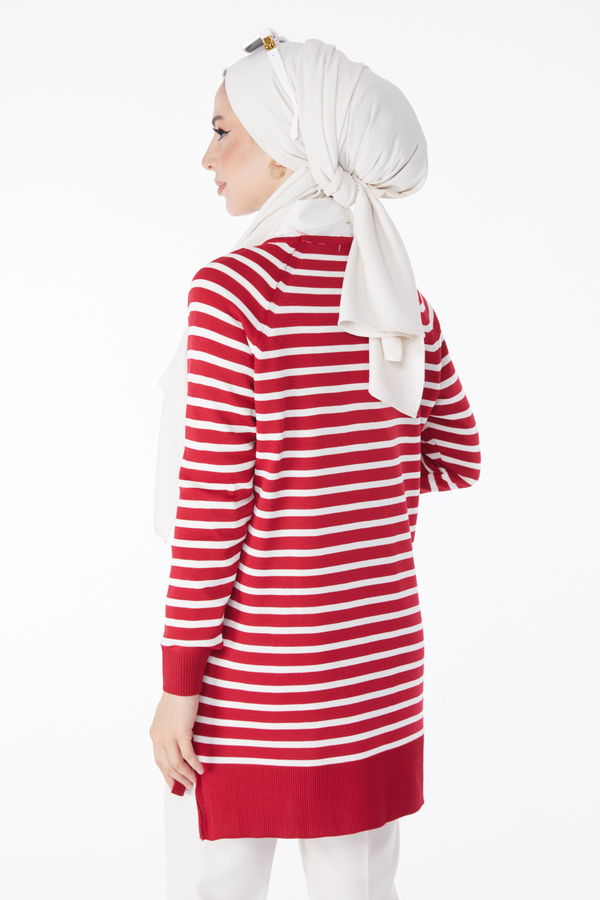 Çizgili Triko Tunik Kırmızı - 25238 Kırmızı