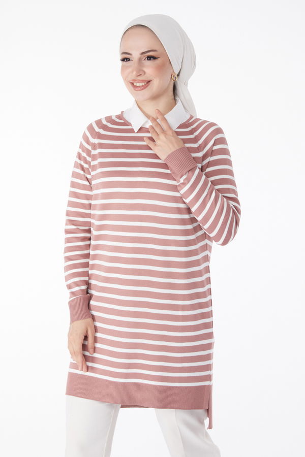 Çizgili Triko Tunik Pembe - 25238 PEMBE