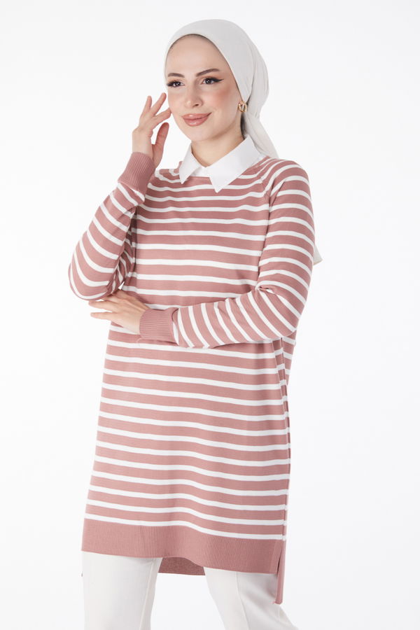 Çizgili Triko Tunik Pembe - 25238 PEMBE