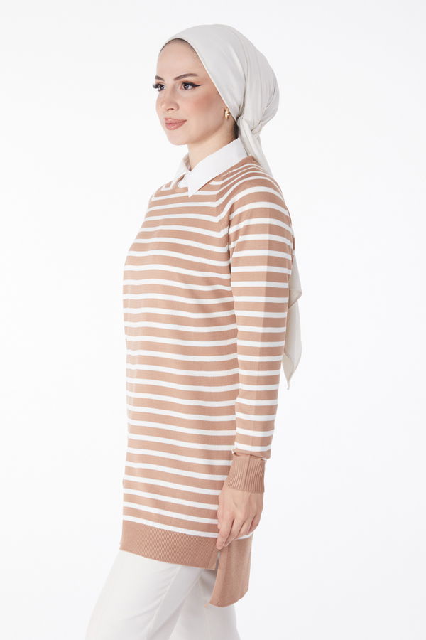 Çizgili Triko Tunik Vizon - 25238 VİZON