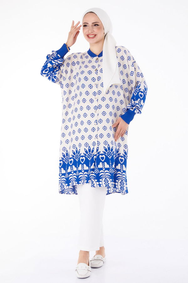 Düğmeli Desenli Tunik Mavi - 25623