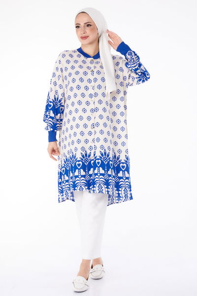 Düğmeli Desenli Tunik Mavi - 25623