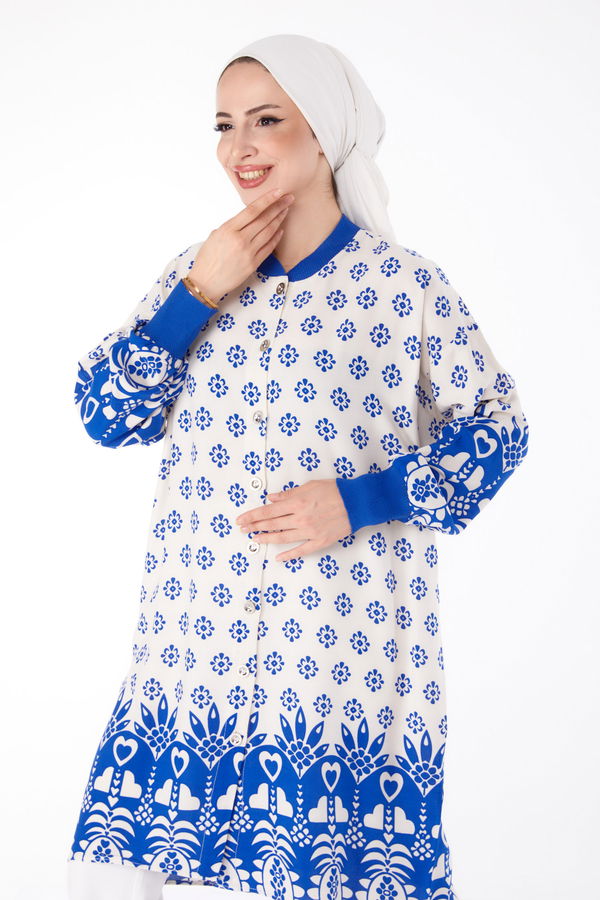 Düğmeli Desenli Tunik Mavi - 25623