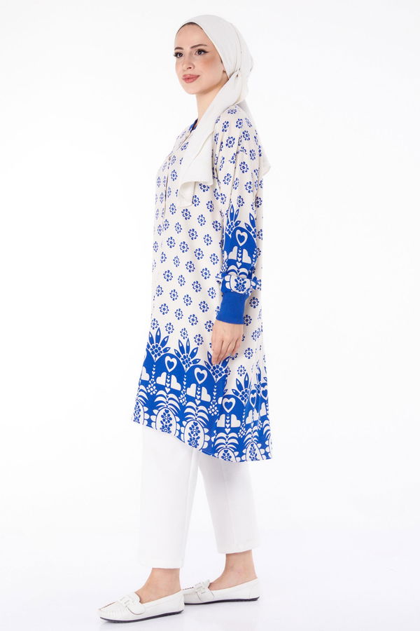 Düğmeli Desenli Tunik Mavi - 25623