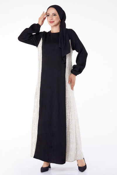 Yanı Simli Fitilli Elbise Siyah - 25628