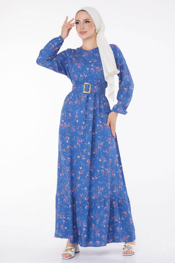 Çicek Desenli Elbise Mavi - 25706