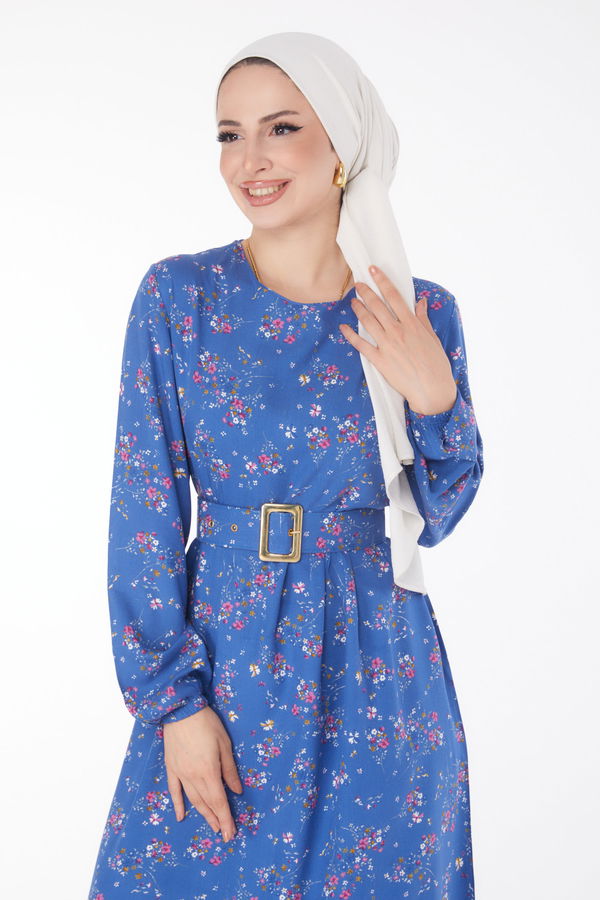 Çicek Desenli Elbise Mavi - 25706