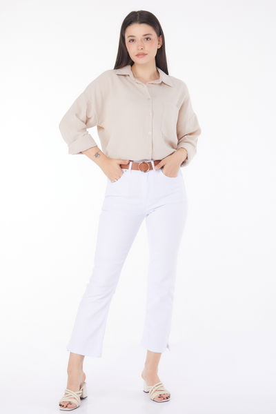 Kemerli Kot Pantolon Beyaz - 25741