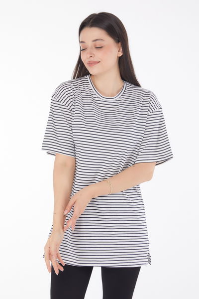 Çizgili Kısa Kollu T-shirt Lacivert - 25762