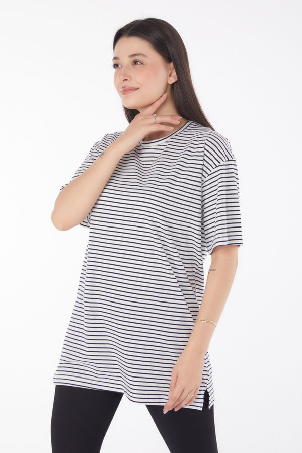 Çizgili Kısa Kollu T-shirt Lacivert - 25762