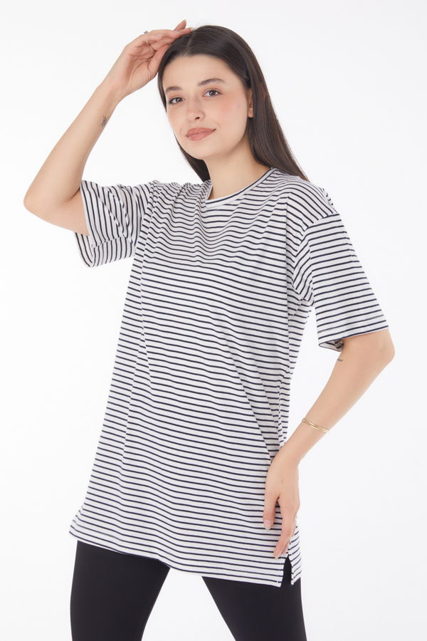 Çizgili Kısa Kollu T-shirt Lacivert - 25762