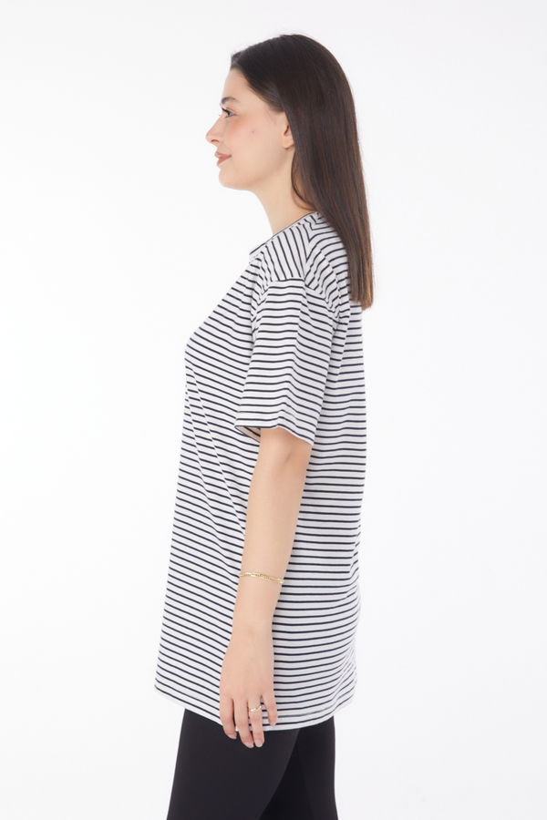 Çizgili Kısa Kollu T-shirt Lacivert - 25762
