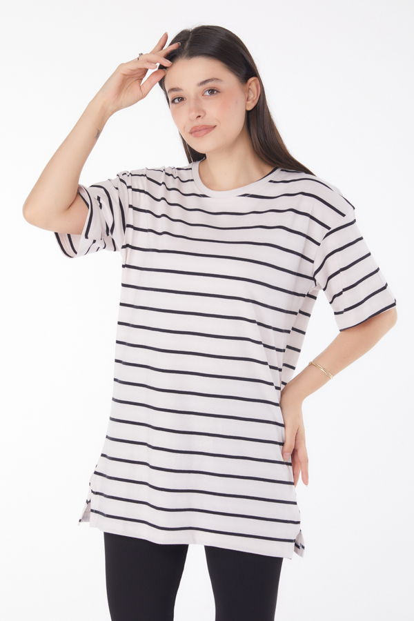 Çizgili Kısa Kollu T-shirt Beyaz - 25764 BEYAZ