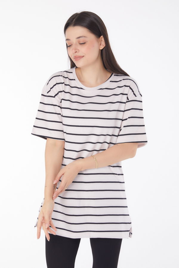 Çizgili Kısa Kollu T-shirt Beyaz - 25764 BEYAZ